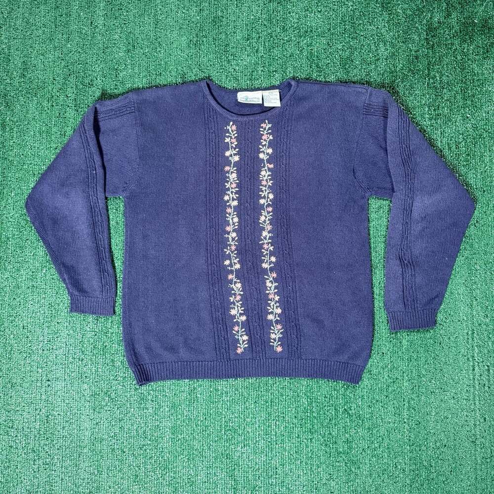 Women’s Cottage Essentials Vintage Floral Embroidered Cotton Sweater Medium